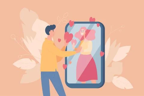 Online dating and distant relationship vector flat cartoon illustration. Couple Stock Illustration