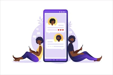 Online dating and social networking, virtual relationships concept. African m Stock Illustration