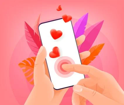 Online dating application concept. Man holding modern smartphone and tapping  Stock Illustration