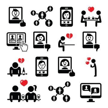 Online dating apps, couples on date vector icons set Stock Illustration