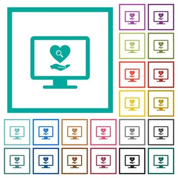 Online Dating on computer flat color icons with quadrant frames Stock Illustration