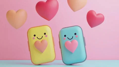 Online dating concept, 3d rendering of two cute mobile phones with hearts Stock Footage 312388230