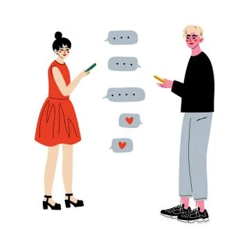 Online Dating, Couple Using Mobile Application for Dating, Young Man and Woman Ilustración de archivo
