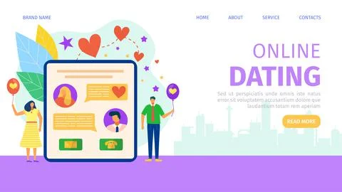 Online dating at internet char, vector illustration. Man woman use mobile social Stock Illustration