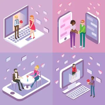 Online dating vector flat isometric poster, banner set Stock Illustration
