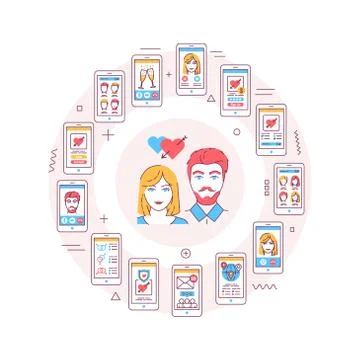 Online dating web banner. Virtual love search service. Infographics with line Stock Illustration