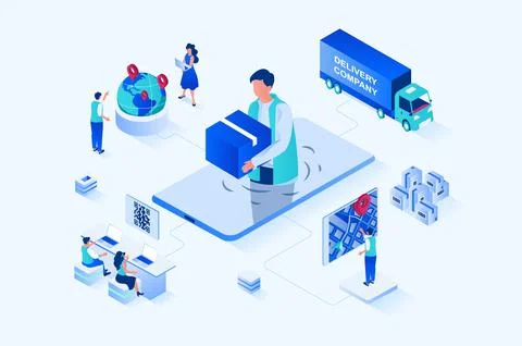 Online delivery 3d isometric web design. People order goods all over world, use Stock Illustration