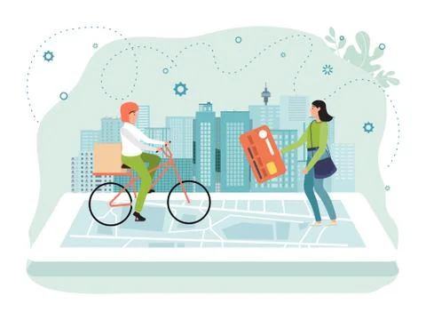 Online delivery app concept vector illustration, flat man bicycle courier Ilustração Stock