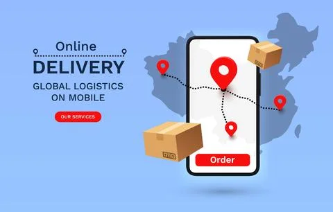 Online Delivery global logistics on mobile, delivery within the China. Vector Stock Illustration