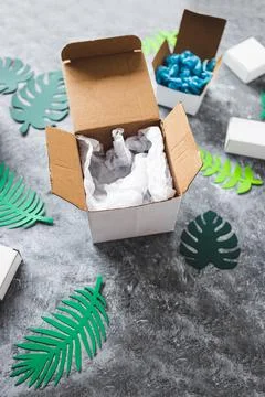 Online delivery parcel boxes with different shapes surrounded by green paper  Stock Photos