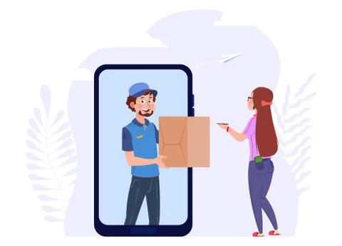 Online delivery. Post man with box, woman and parcel. Mobile app, logistic Stock Illustration