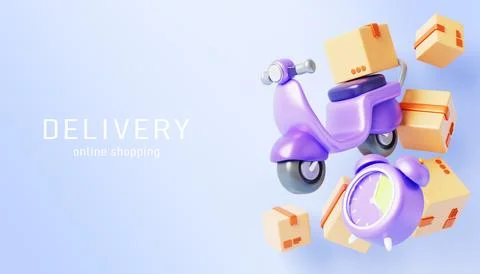 Online delivery service 3d banner. Scooter delivers box with countdown clock Stock Illustration