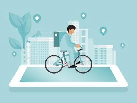 Online delivery service concept vector illustration. Urban landscape with food Ilustración de archivo