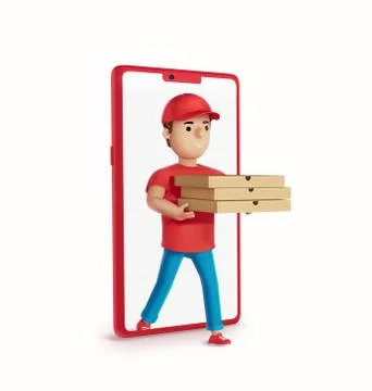 Online delivery worker go through smart phone with pizza boxes in his hands. Illustrazione stock