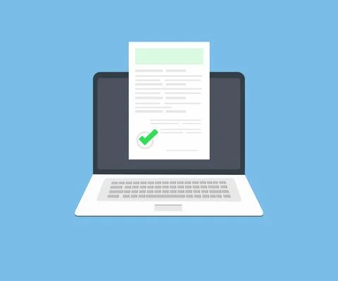 Online digital document inspection on laptop computer logo design. Illustrazione stock