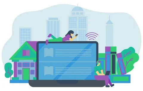 Online Digital Library Concept Flat Design Stock Illustration