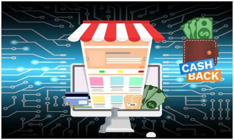 Online digital store is available on all platform with cashback and payment mode Stock Illustration