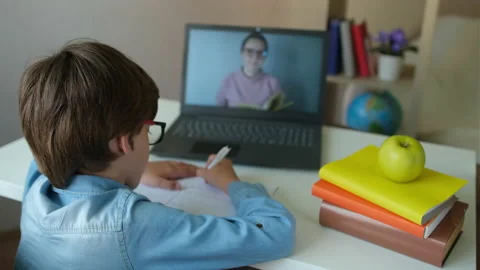 Online distance learning education lesson concept. Child Little Boy Kid Stock Footage 132748474