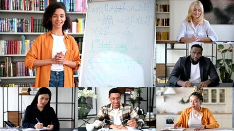 Online distant communication. Group online learning by video conference. Female Stock Footage 155711278