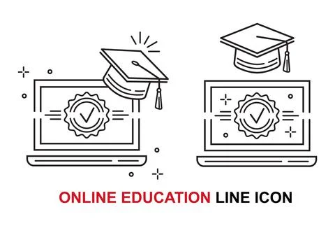 Online distant education, home learning on laptop, web course graduation icon Stockillustratie