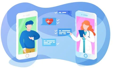 Online doctor app interface, sick man asking therapist about hearth problem Stock Illustration