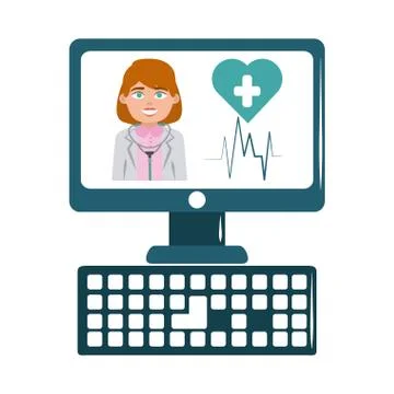 Online doctor computer device support medical care flat style icon Stock Illustration
