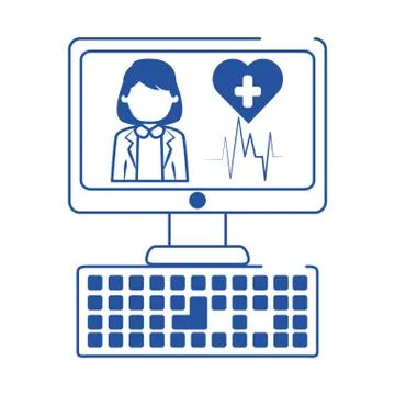 Online doctor computer device support medical care blue line style icon Stock Illustration