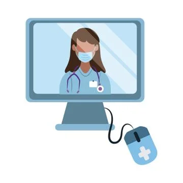 Online doctor, computer technology physician assitance consultant medical, flat Stock Illustration