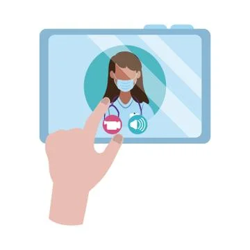 Online doctor, hand with tablet computer physician consultation medical covid 19 Stock Illustration