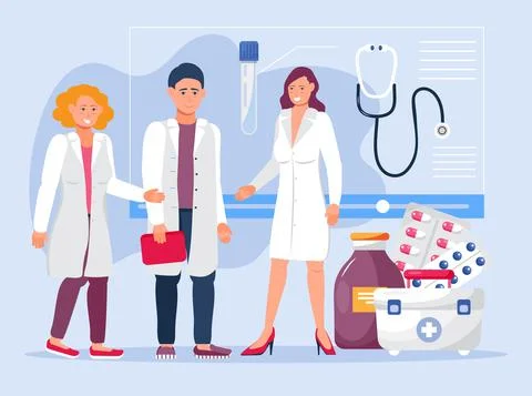 Online doctors concept vector. Distance medical conference. Clinic, doctor we Stock Illustration