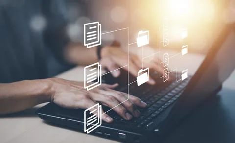 Online documentation database and document management system concept, Busines Foto stock