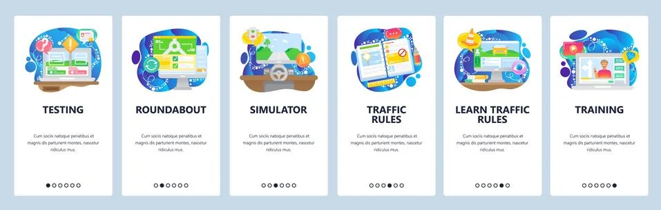 Online driving test, computer simulator, road rules book, driving license Stock Illustration