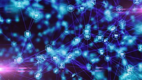 Online e-commerce shop connecting sellers with shoppers node animation Stock Footage 118799469