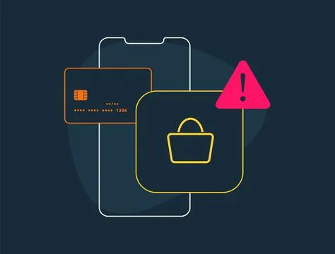 Online e-commerce shopping mobile fraud alert. Warning of fraudulent card Stock Illustration