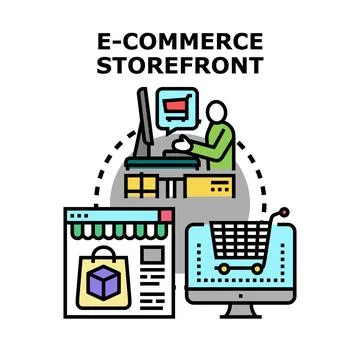 Online e commerce storefront operating digital marketplace concept Illustrazione stock