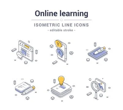 Online e learning distance education line icon set isometric contoured vect.. Stock Illustration