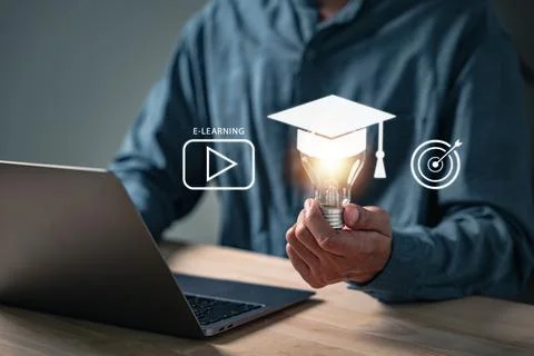 Online e learning is embodied by a laptop user showcasing digital innovatio.. Stock Photos