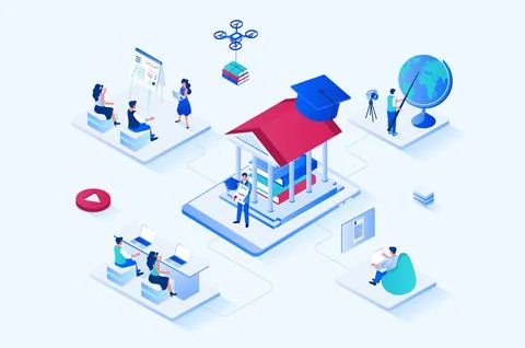 Online education 3d isometric web design. People get new skills and knowledge Stock Illustration
