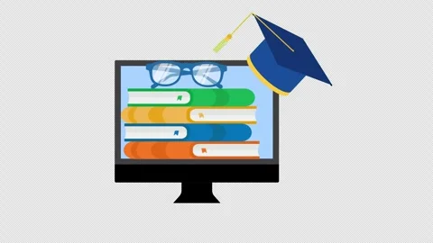Online Education and Digital Learning Books on Computer Monitor with Graduation Stock Footage 339769815