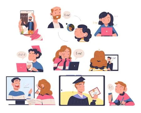 Online Education and E-learning with People Characters Having Lesson on Web 스톡 일러스트