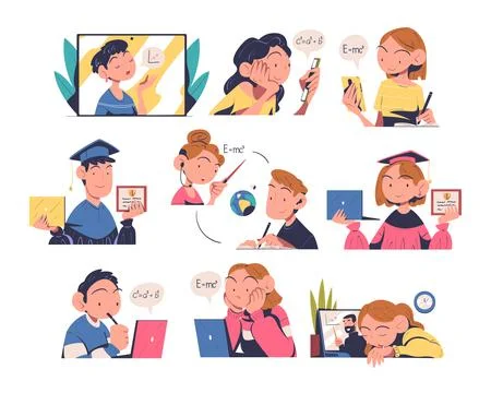 Online Education and E-learning with People Characters Having Lesson on Web Illustration