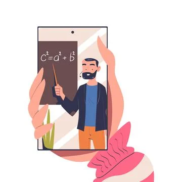 Online Education and E-learning with Hand Holding Smartphone Having Lesson on Stockillustratie