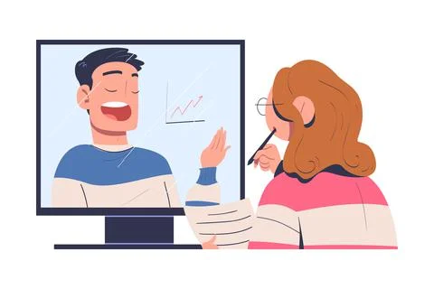 Online Education and E-learning with Woman Watching Professor on Computer Screen Stock Illustration