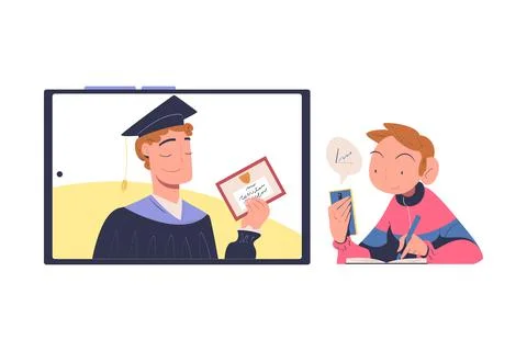 Online Education and E-learning with Man Watching Professor on Computer Screen Stock Illustration