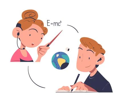 Online Education and E-learning with Woman Professor and Man Student Having Stock Illustration