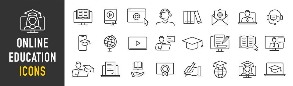 Online Education and E-learning web icon set in line style. E-book, video t.. Stock Illustration