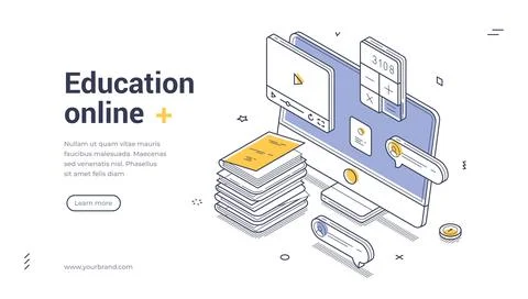 Online education and e-learning digital classroom concept with laptop books g Stock Illustration
