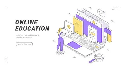 Online Education And E-Learning Isometric Vector Banner For Distance Course.. 스톡 일러스트