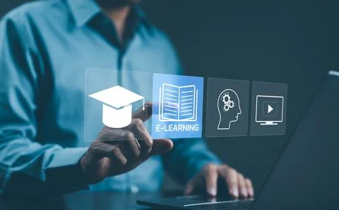 Online education and e-learning concepts. A man interacts with e-learning Stock Photos