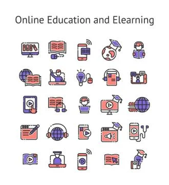 Online Education and Elearning filled outline icon set. Illustrazione stock